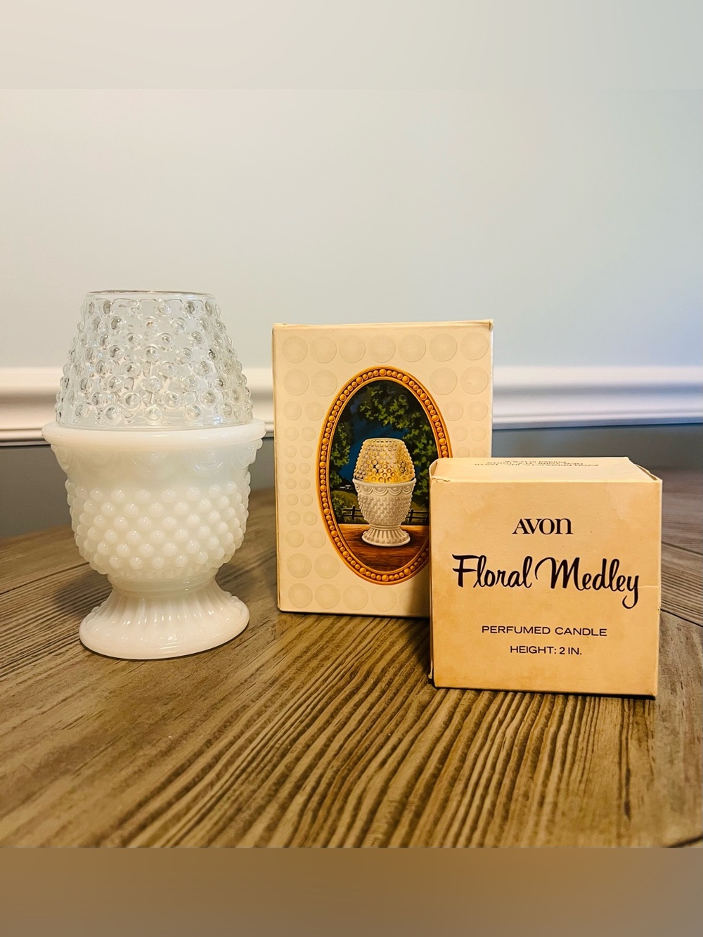 Vintage 1973 Avon Hobnail Fairy Lamp with Floral Medley Candle & Original Box